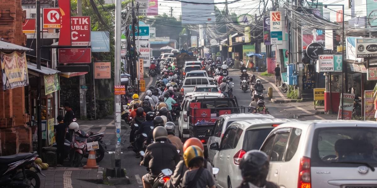 Traffic congestion and motorbikes on the roads of Canggu Bali