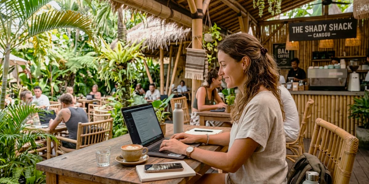 Digital nomad working on a laptop at an open-air cafe in Canggu Bali